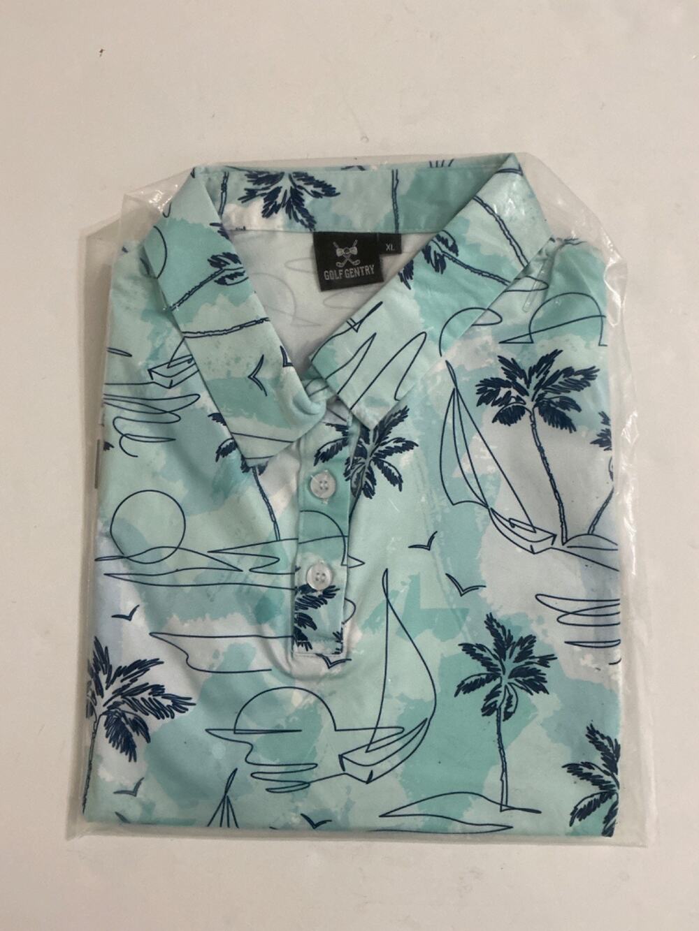 Golf Gentry Golf Polo Shirt Mens XL Mint Blue Palm Tree Sailboat Print NEW